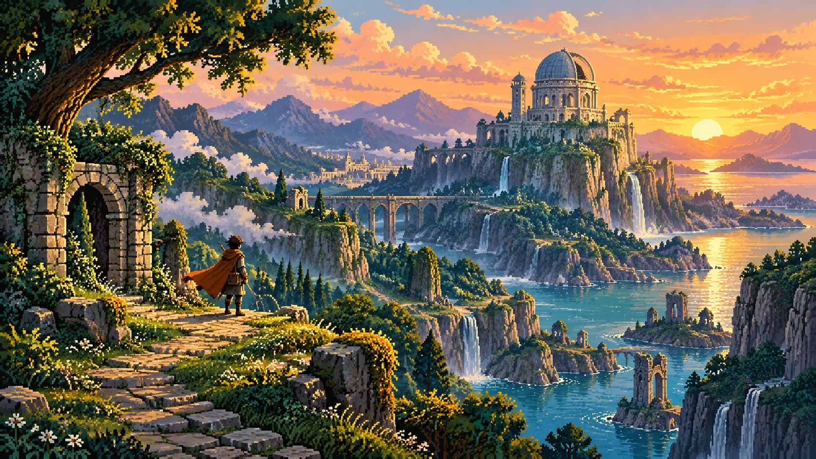 Paisagem original em pixel art com rio e observatório, gerada para a coleção