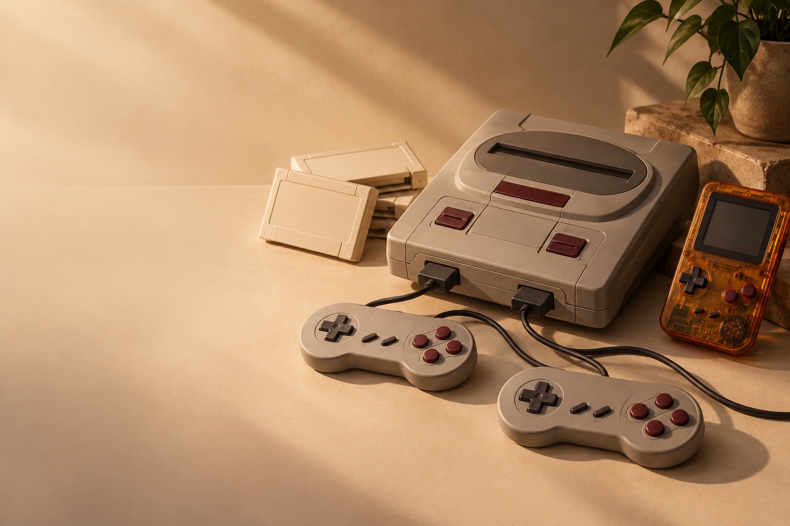 Composição gerada de consoles, controles e cartuchos retro sem marcas